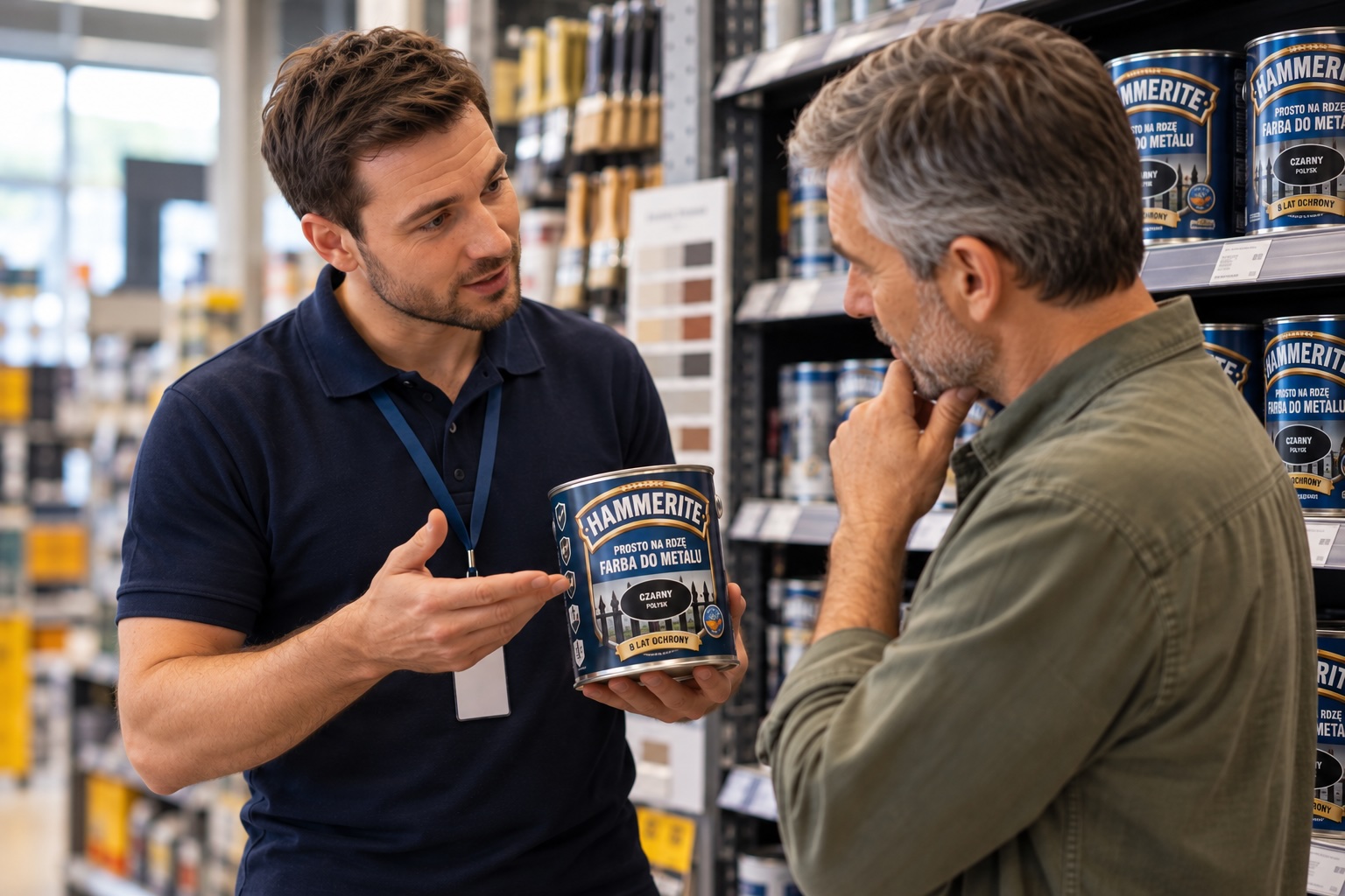 A sales rep shows a customer a can of Hammerite paint in a paint store